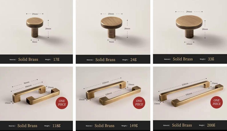 Puede incluir: Una colecci&oacute;n de herrajes para armarios de lat&oacute;n macizo, que incluye pomos y tiradores. Los pomos tienen 19 mm de di&aacute;metro y 20 mm de altura. Los tiradores miden entre 96 mm y 216 mm de largo. Los pesos se indican en gramos.