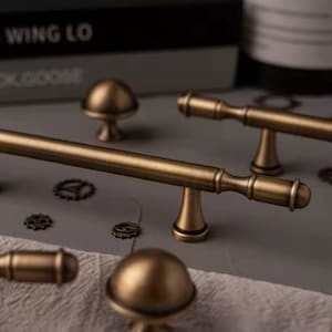 Puede incluir: Primer plano de varios herrajes de armario de latón antiguo, que incluyen pomos y tiradores. Los herrajes tienen un acabado cálido y envejecido y un diseño clásico. Los pomos tienen forma de cúpula y los tiradores tienen forma de barra.