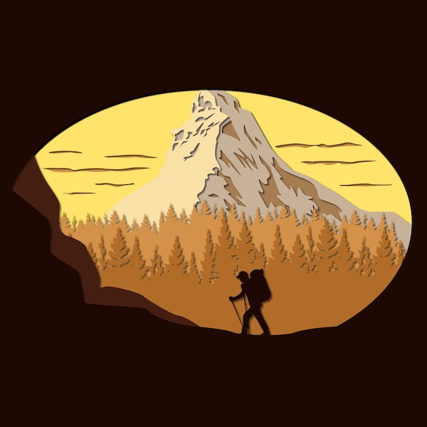 Hiker shadow box svg Mountain trip scenes svg 3d cardstock template Layered cardstock cut file