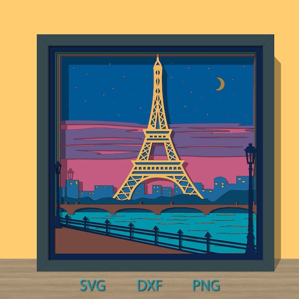 Shadow Box Paris Colorful 3d svg template for Cardstock Layered Eiffel Tower scene svg