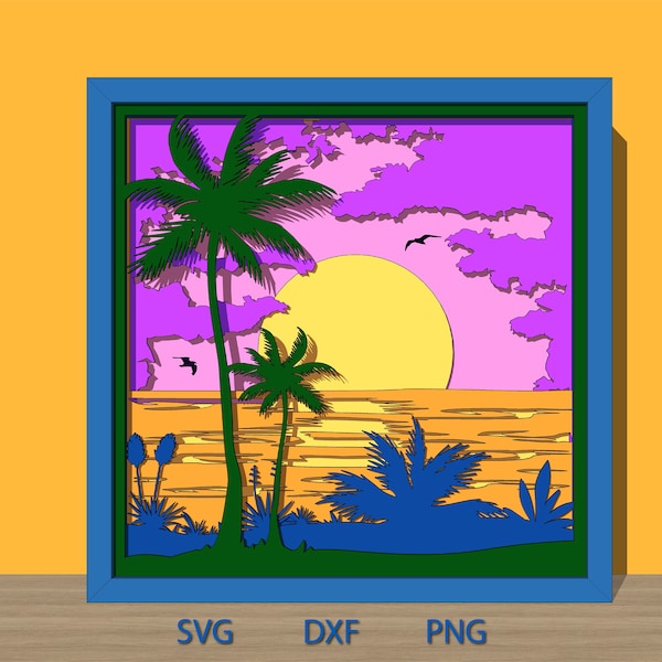 Beach shadow box svg Layered cardstock template for cricut Colorful 3d tropical scene