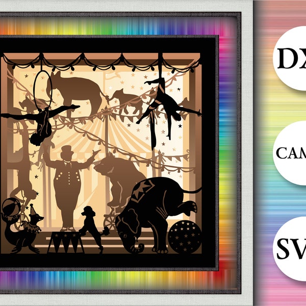 Circus Shadow Box svg Layered Papercut Vorlage 3D Light Box Multilayer LED Shadow Box