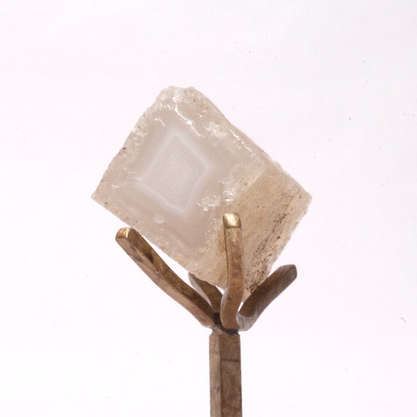 Natural Cubic Diamond Banded Fortification Agate Mineral Specimen on Custom Stand. Manzanita Burl Base