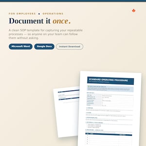 Può includere: Un documento modello SOP digitale con il testo Document it once, For employers, Operations, Microsoft Word, Google Docs e Instant Download. Il documento include sezioni per i dettagli SOP, lo scopo, l'ambito e le procedure passo dopo passo.