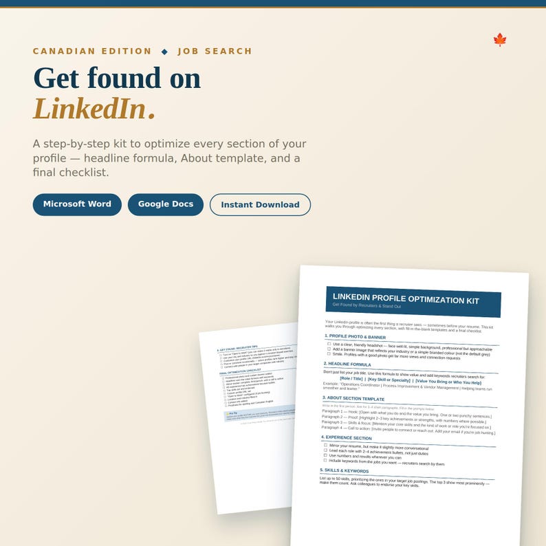 Op de afbeelding: Een digitale LinkedIn-profieloptimalisatiekit voor de Canadese arbeidsmarkt. Het document bevat een kopformule, een sjabloon voor de sectie Info en een checklist. Compatibel met Microsoft Word en Google Docs voor directe download.