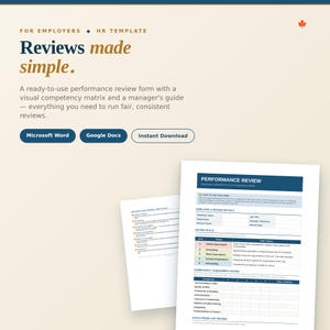 Op de afbeelding: Een digitaal HR-sjabloon voor prestatiebeoordelingen met een competentiematrix en een handleiding voor managers. Het document bevat secties voor werknemersgegevens, een beoordelingsschaal en beoordelingscriteria voor Microsoft Word en Google Docs.