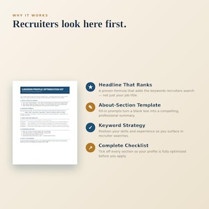 Op de afbeelding: Een LinkedIn Profile Optimization Kit document met een checklist voor profielsecties. De tekst bevat Why It Works, Recruiters look here first, Headline That Ranks, About-Section Template, Keyword Strategy en Complete Checklist.