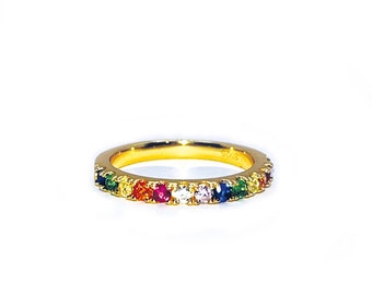 Ring colorful jewelry fine filigree gold 14k gold plated 925 sterling silver zirconia stones shiny pride multicolor thin narrow