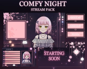 Comfy Night Vtuber Stream Pack | Aesthetic Stream Package | Vtuber | Glowing Sakura Overlay | Transition | Panels | Streamer