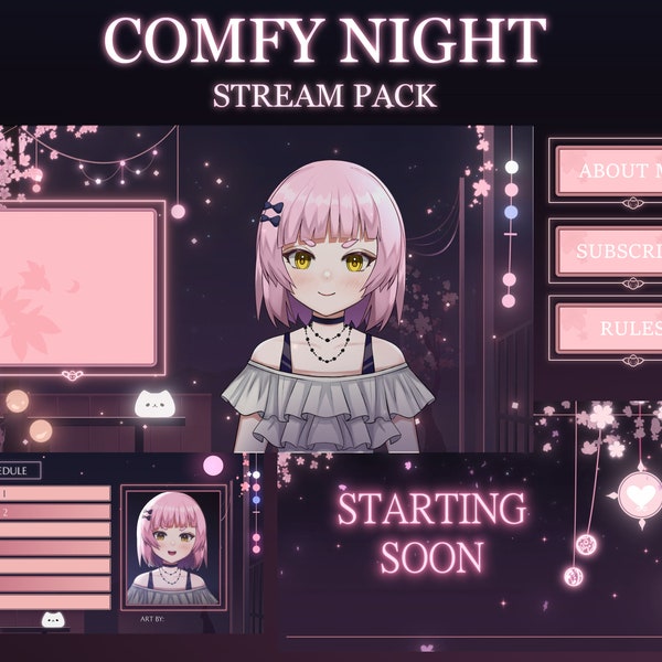 Comfy Night Vtuber Stream Pack | Aesthetic Stream Package | Vtuber | Glowing Sakura Overlay | Transition | Panels | Streamer