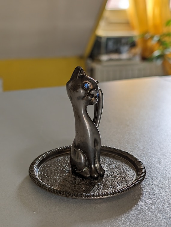 本物の Vintage Blue Gems Eyed EP Zinc Alloy Silver Cat Ring Holder ケージ・アクセサリー