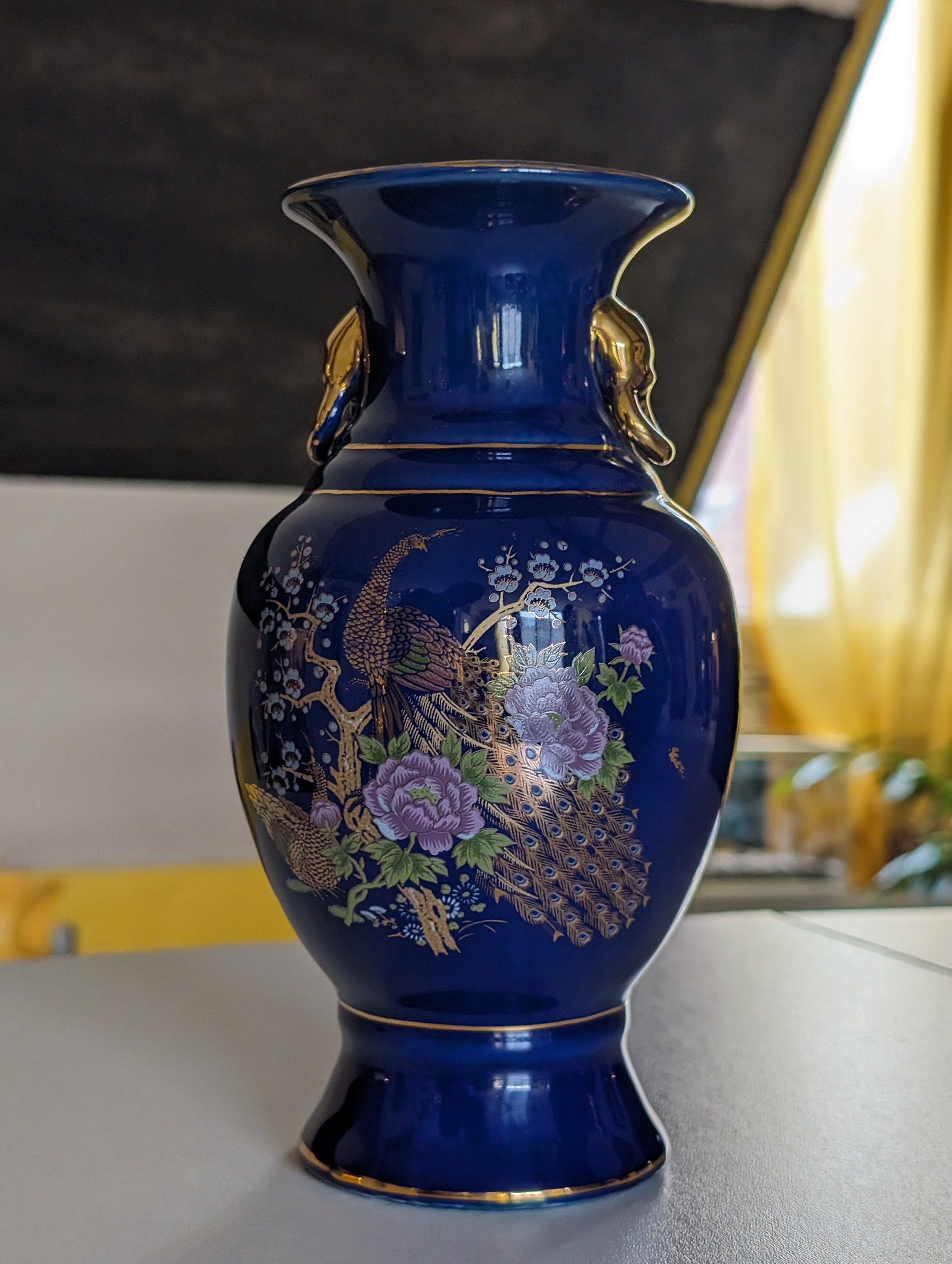 Cobalt Blue Porcelain Vase With a Golden Peacock and Flowers From