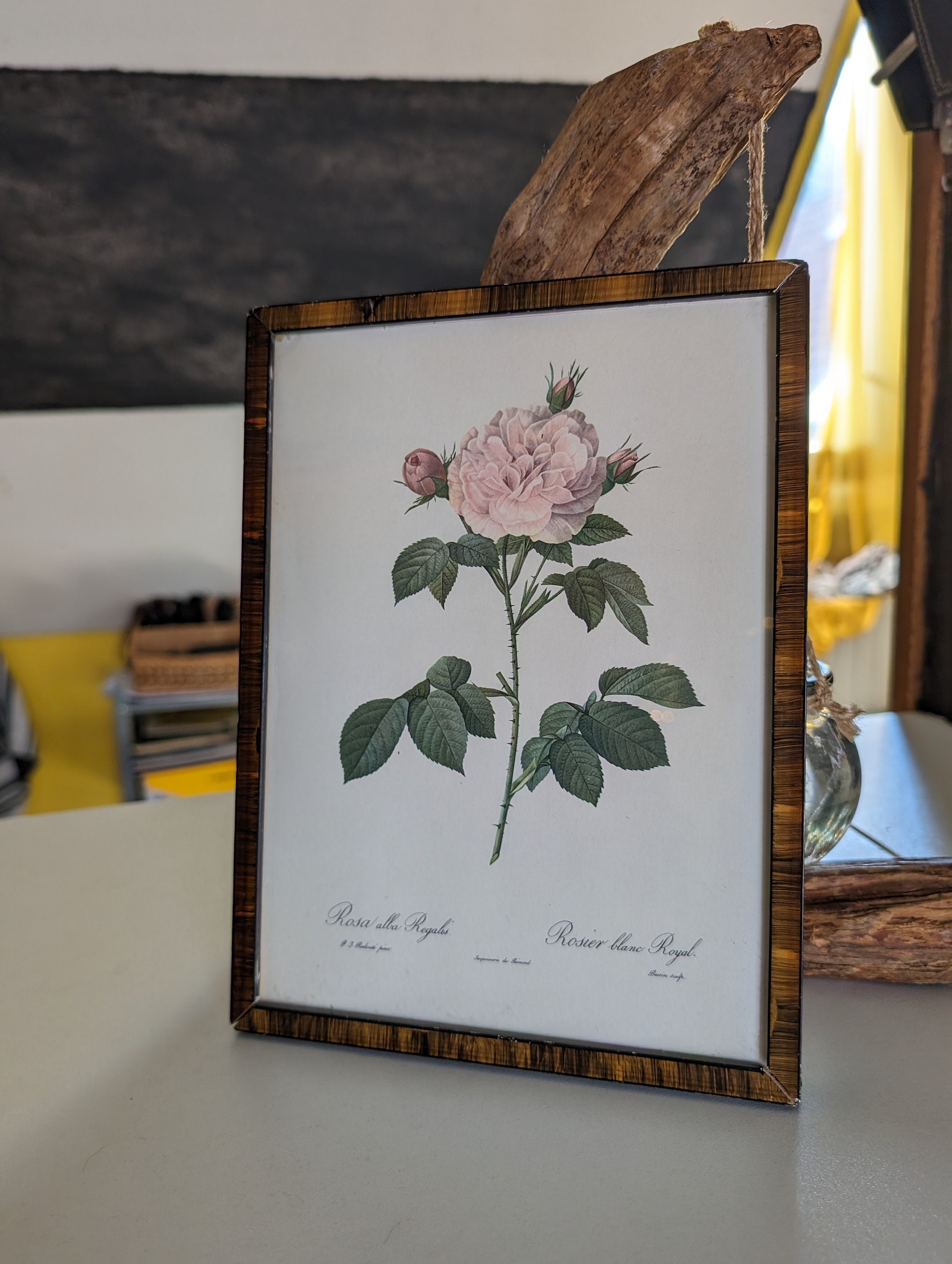 Vintage floral rose print in a wooden frame protected with glass