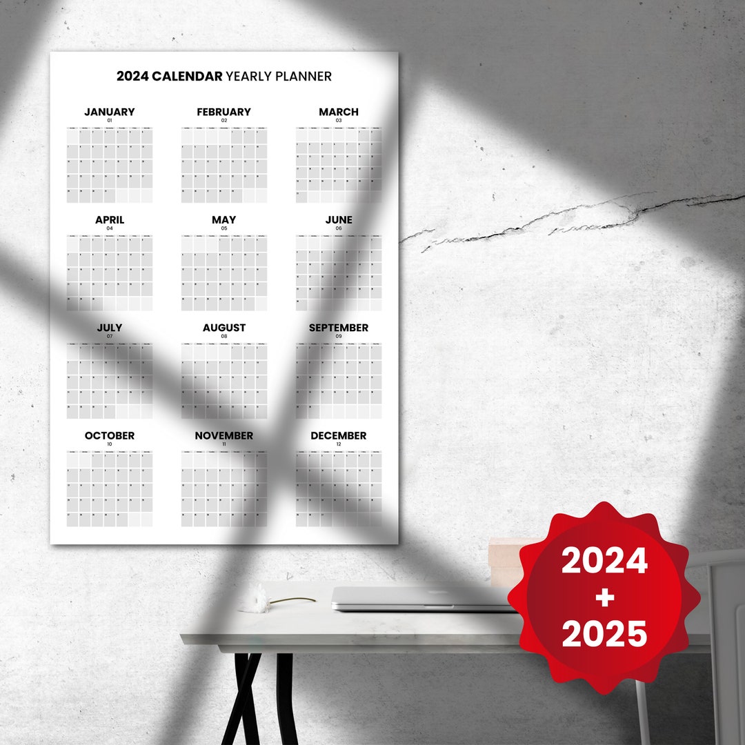 Printable Yearly Calendar 2024 2025 Yearly Planner A2 - Etsy