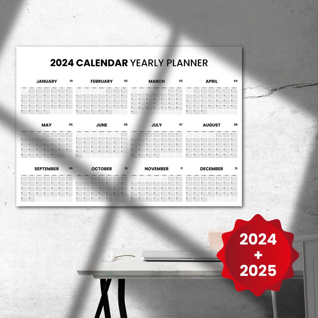 Printable Yearly Calendar 2024 2025 Yearly Planner A2 Etsy