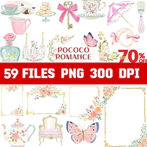 May include: Watercolor illustrations of Rococo-style elements, including a teacup, teapot, butterfly, key, and floral frames. The image features a pink and gold color scheme with the text "ROCOCO ROMANCE" and "59 FILES PNG 300 DPI".
