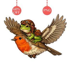 May include: A whimsical illustration of a green frog wearing a brown aviator helmet and backpack, riding on the back of a robin with outstretched wings. The robin has a red breast and brown and white wings. The image has a white background.