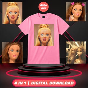 May include: Pink t-shirt with a central image of a doll with a surprised expression. Additional doll images surround the shirt. The text "60% OFF" is in the upper right corner. The text "4 IN 1 | DIGITAL DOWNLOAD" is at the bottom.