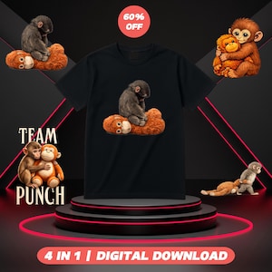 May include: Black t-shirt with a monkey graphic on a plush toy. The image includes the text "TEAM PUNCH" and "4 IN 1 | DIGITAL DOWNLOAD". A red circle indicates a 60% discount.