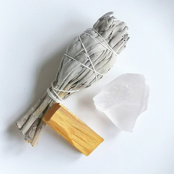 Räucher Set mit Reiki aufgeladenem Bergkristall für Reinigung (Salbei und Palo Santo)