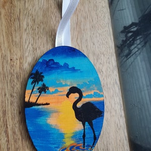 Handgemalter tropischer Flamingo Sonnenuntergang mit sillouette Christbaumschmuck