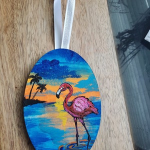 Handpainted tropical coastal flamingo with sunset water Christmas tree ornament