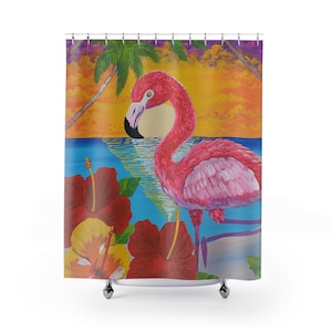 Tropischer Flamingo-Duschvorhang - buntes Badezimmerdekor, Strand-Vibe, Flamingo-Liebhaber-Geschenk, Sommerwohnzubehör, lustiges Baddekor