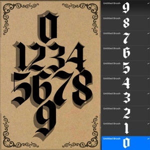 Könnte beinhalten: Ein Satz schwarzer gotischer Zahlen von 0 bis 9. Die Zahlen sind in Pyramidenform angeordnet, wobei die Zahl 0 oben und die Zahl 9 unten ist.