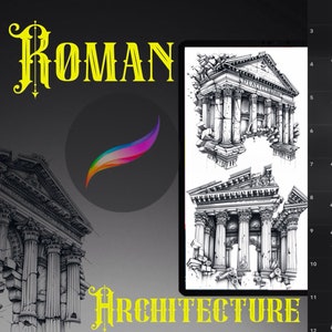 May include: A digital illustration of 20 Roman architecture drawings. The drawings are in black and white and depict various Roman buildings, including temples, arches, and columns. The drawings are in different stages of completion, with some being more detailed than others. The drawings are labeled with numbers 1 through 12.