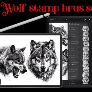 May include: A digital illustration of two wolf heads drawn in black and white. The image is displayed on a tablet screen. The tablet is next to a stylus pen. The screen also shows a list of digital brushes, including a set of 20 wolf stamp brushes.