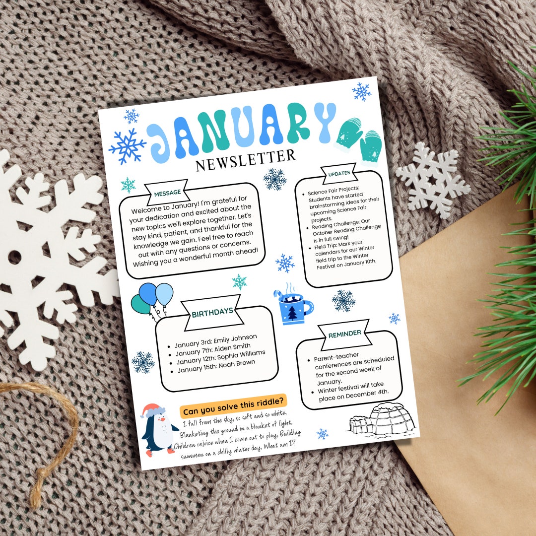 January Newsletter Template, Editable Newsletter, Monthly Newsletter January Newsletter Template, Editable Newsletter, Monthly Newsletter