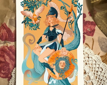 May include: A digital illustration of a woman wearing a helmet and holding a spear. She is standing on a tree branch with a shield featuring a Medusa head. The background is a yellow-orange color with green leaves.