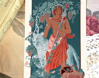 May include: A digital illustration of a man with a wreath of grapes on his head, wearing a red and orange robe, holding a staff with a grapevine wrapped around it. He is standing next to a white leopard with black spots. The background is a teal green with vines and grapes.