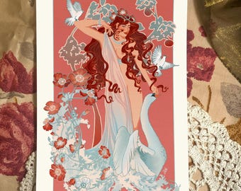 May include: A woman with long red hair and a white dress stands with a swan in a floral setting. The background is a pink color with white flowers and leaves. The woman is wearing a crown of flowers and has a delicate expression on her face.
