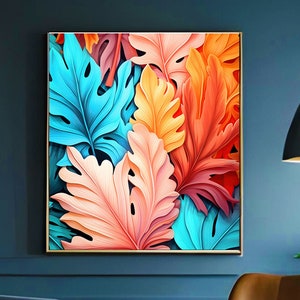 Colorful Tropical Leaves | Pastel Floral Art Print | Large Leafy Painting| Digital Art Print Downloads