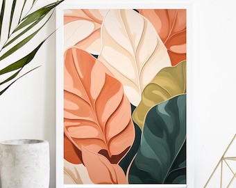 Terracotta tropische bladprint | Gedurfde botanische muurkunst | Digitale download met groot blad | Maximalistische woondecoratie | Boho bloemenposter