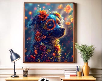 Day of the Dead Dog Wall Art | Floral Sugar Skull Puppy Print | Dia De Los Muertos Pet Memorial | Dog Lover Gift | Mexican Folk Art Framed