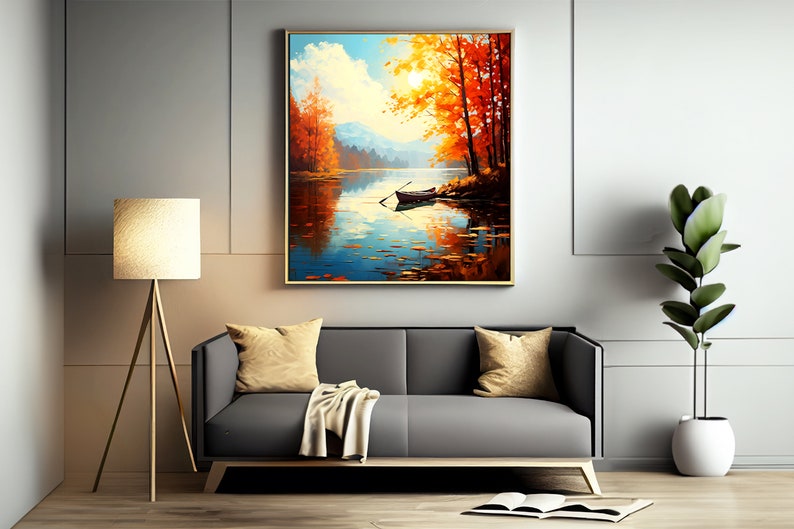 Autumn Lake Canoe Art Print Download Scenic Fall Colorful Painting Wall ...