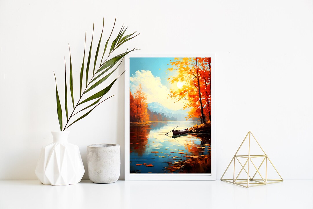 Autumn Lake Canoe Art Print Download Scenic Fall Colorful Painting Wall ...