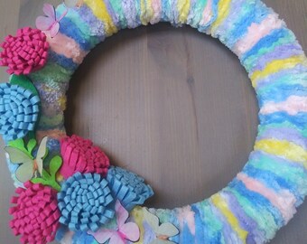 Colorful Velvet Yarn Wreath/ Felt Floral Wreath/ Spring Wreath/ Summer Wreath/ Baby Shower Wreath/ Nursery Wreath/ Home Decor Wreath