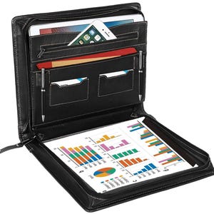 May include: A black leather zippered portfolio organizer featuring a tablet sleeve, a zippered pocket, two pen loops, and multiple card slots. The interior holds a document with colorful bar and pie charts, while a smartphone rests in the top pocket.