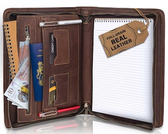 Trowik Leather A4 Portfolio Conference Folder, Padfolio Organizer with Zipper, Handmade Folio with Sleeves for Documents and Notepad - Brown