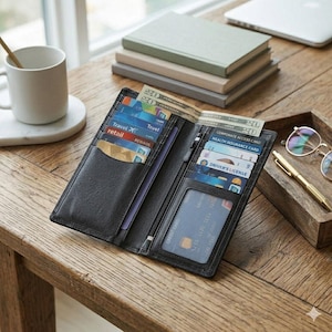 Peut inclure: Portefeuille en cuir noir ouvert, rempli de cartes de crédit, d'espèces et de cartes d'identité. Le portefeuille est posé sur une surface en bois, avec une tasse à café, des livres et un plateau.
