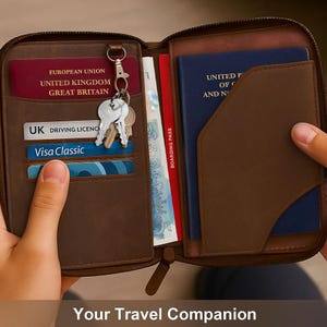 Leather Passport Cover Zipper Wallet - Passport Holder Travel Document Organiser - Brown