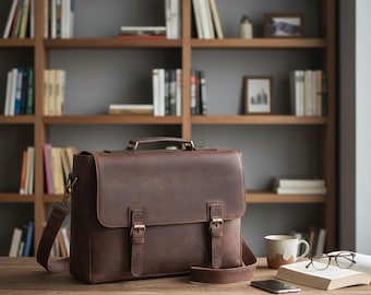 May include: A brown leather briefcase with a top handle and shoulder strap. The bag has two front buckles and sits on a wooden table. A cup of coffee, glasses, a phone, and a book are also on the table. A bookshelf filled with books is in the background.