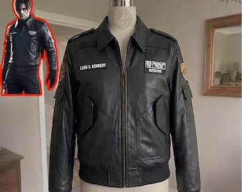 Leon S Kennedy Resident Evil 2 RPD Leather Jacket RE2 - Raccoon City Police Detective Cosplay - Biohazard Bomber Jacket