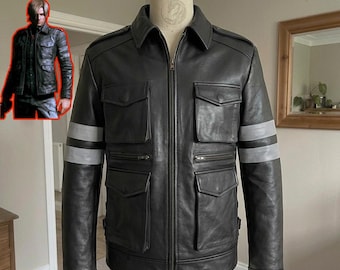 Leon S Kennedy Leather Jacket Resident Evil 6 Cosplay | Black Cowhide Biker Jacket Grey Stripes Unisex