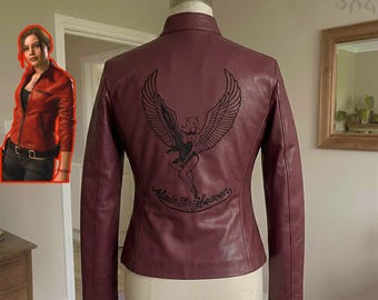 Claire Redfield Resident Evil 2 Remake Leather Jacket - Made in Heaven - RE2 Cosplay Biker Jacket for Women - Burgundy Leather