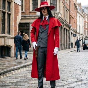 May include: A long red coat with a capelet, a dark gray double-breasted suit jacket, matching gray trousers, a red cravat, white gloves, and a wide-brimmed red hat. A brown leather holster is attached to the waist, and black shoes are worn.