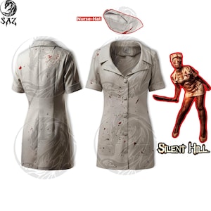 May include: A light grey short-sleeved nurse dress featuring a button-down front, a collar, and two front pockets, decorated with red blood splatter patterns. Includes a matching nurse hat and a graphic illustration of a Silent Hill nurse character.